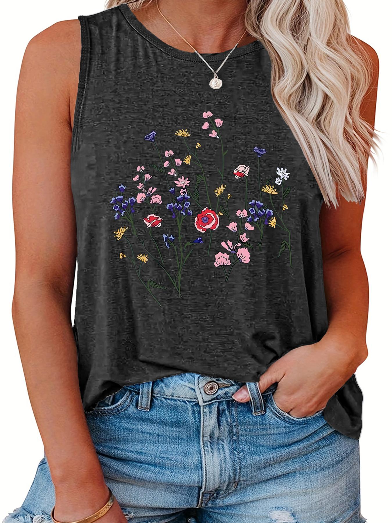  Floral Print Round Neck Stretch Tank Top