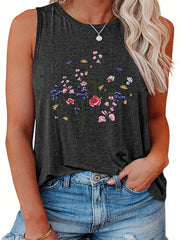  Floral Print Round Neck Stretch Tank Top