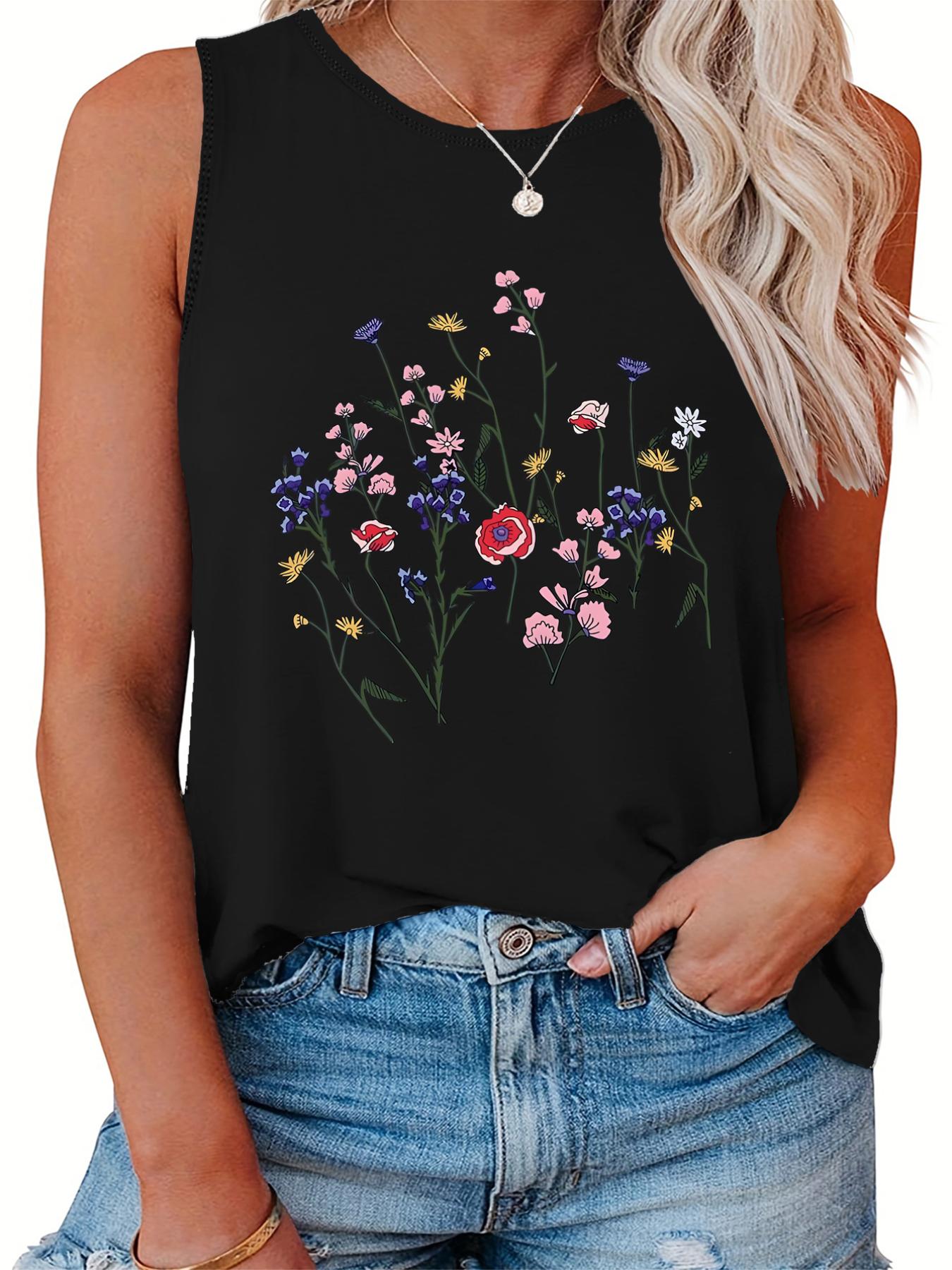  Floral Print Round Neck Stretch Tank Top