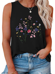  Floral Print Round Neck Stretch Tank Top