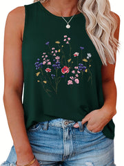  Floral Print Round Neck Stretch Tank Top
