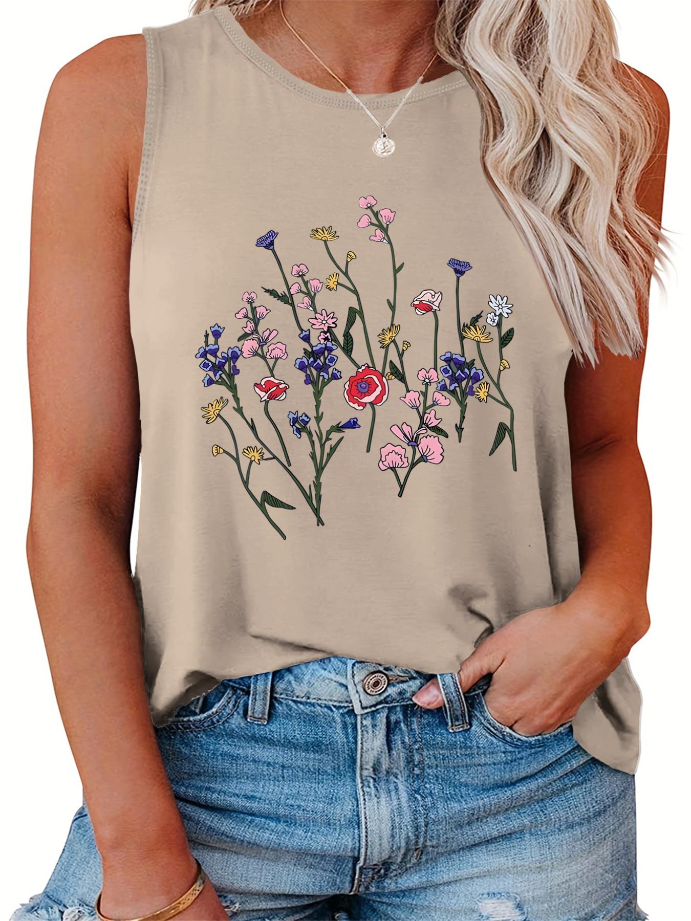  Floral Print Round Neck Stretch Tank Top