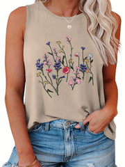 Floral Print Round Neck Stretch Tank Top