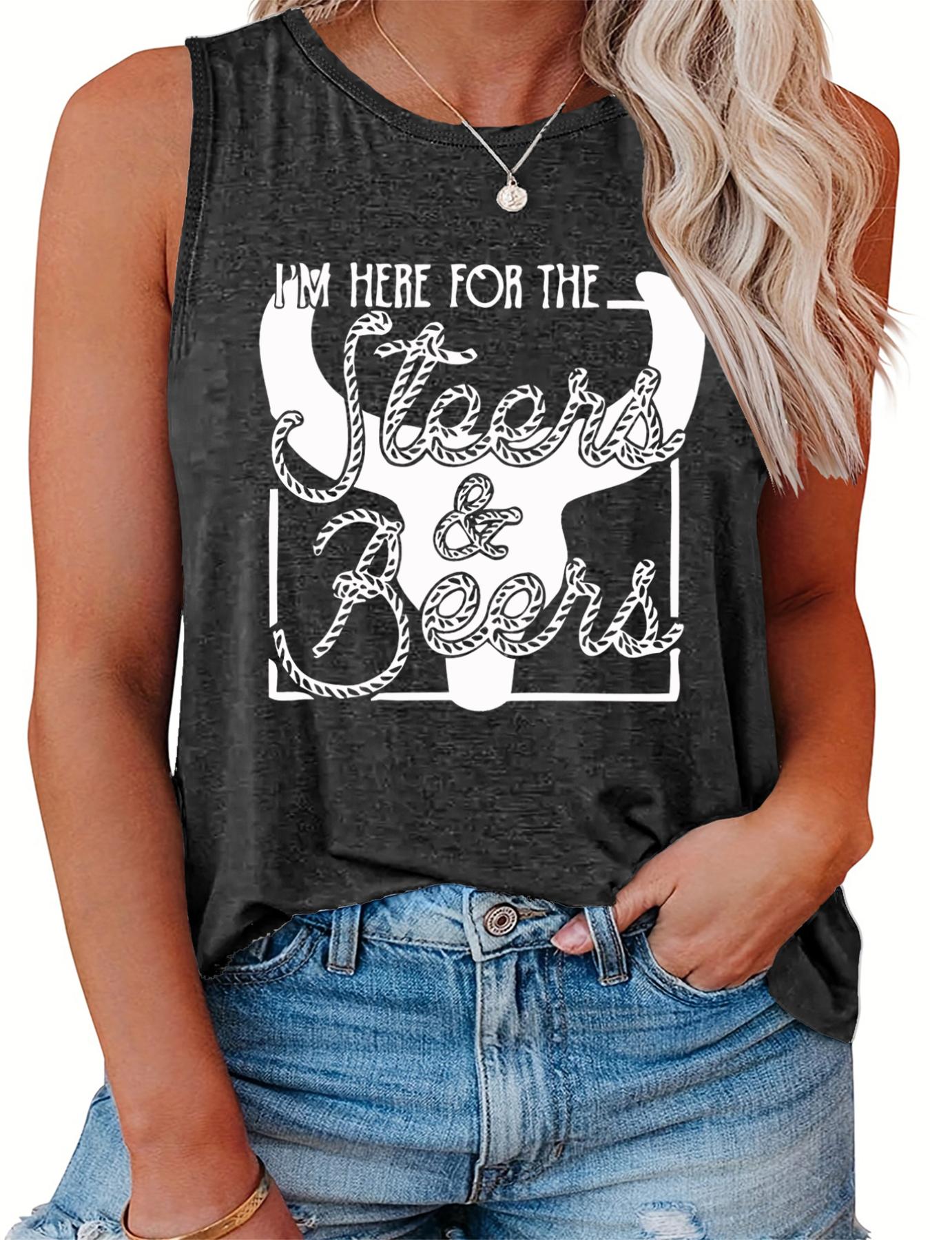  Women's Bull & Art Print Tank Top Round Neck Casual Sleeveless