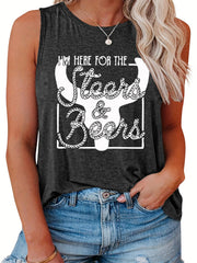  Women's Bull & Art Print Tank Top Round Neck Casual Sleeveless