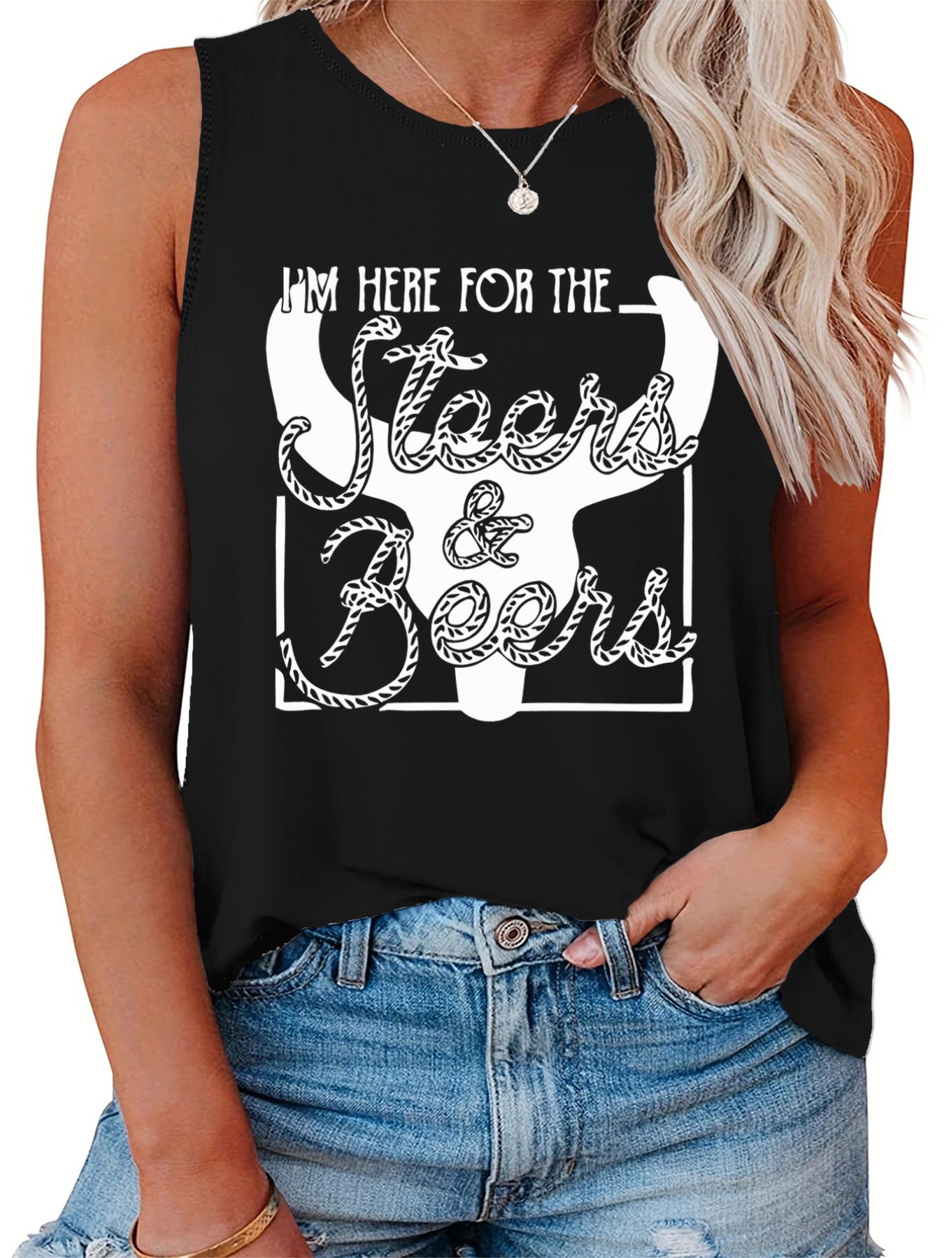  Women's Bull & Art Print Tank Top Round Neck Casual Sleeveless