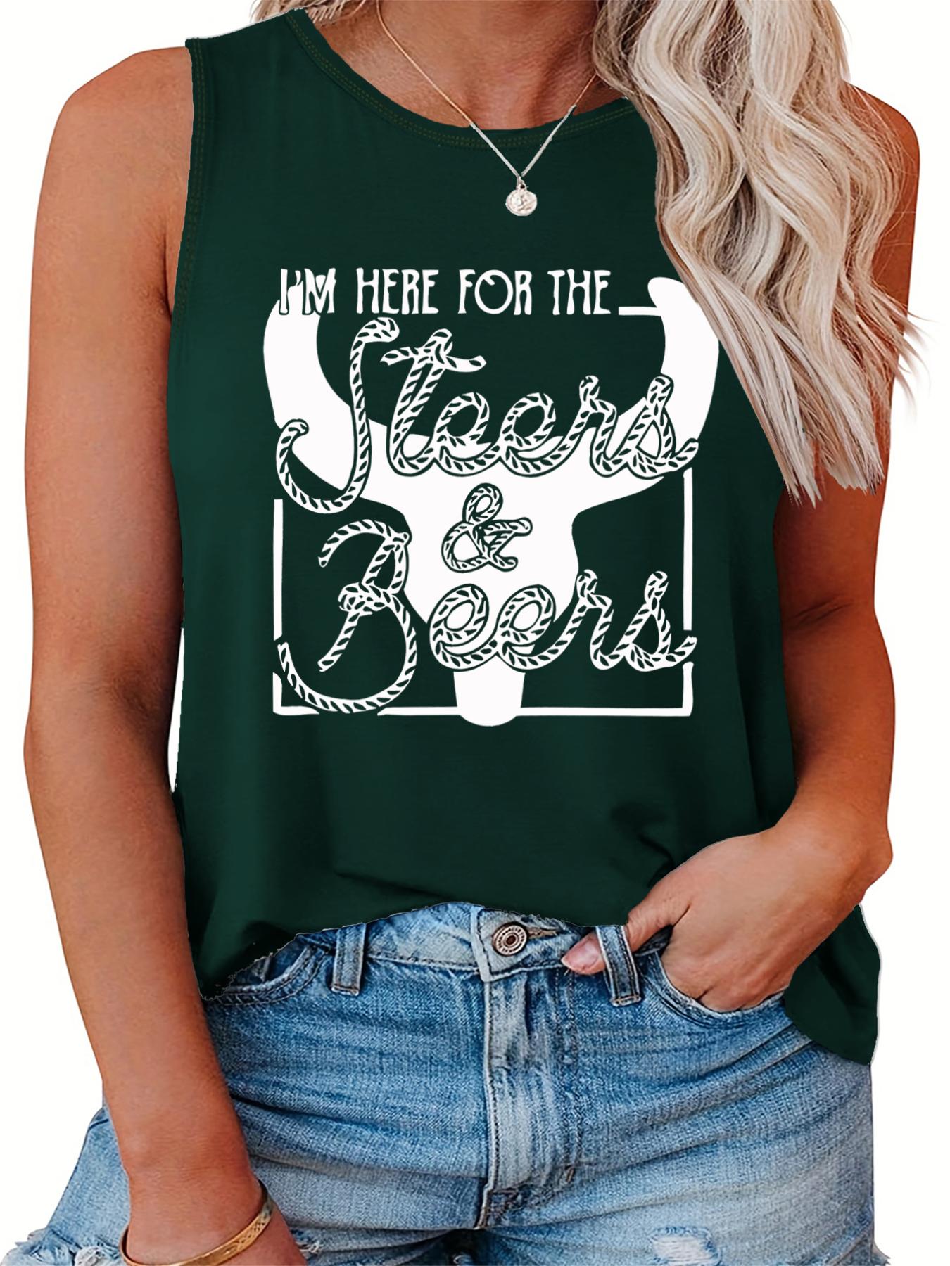  Women's Bull & Art Print Tank Top Round Neck Casual Sleeveless