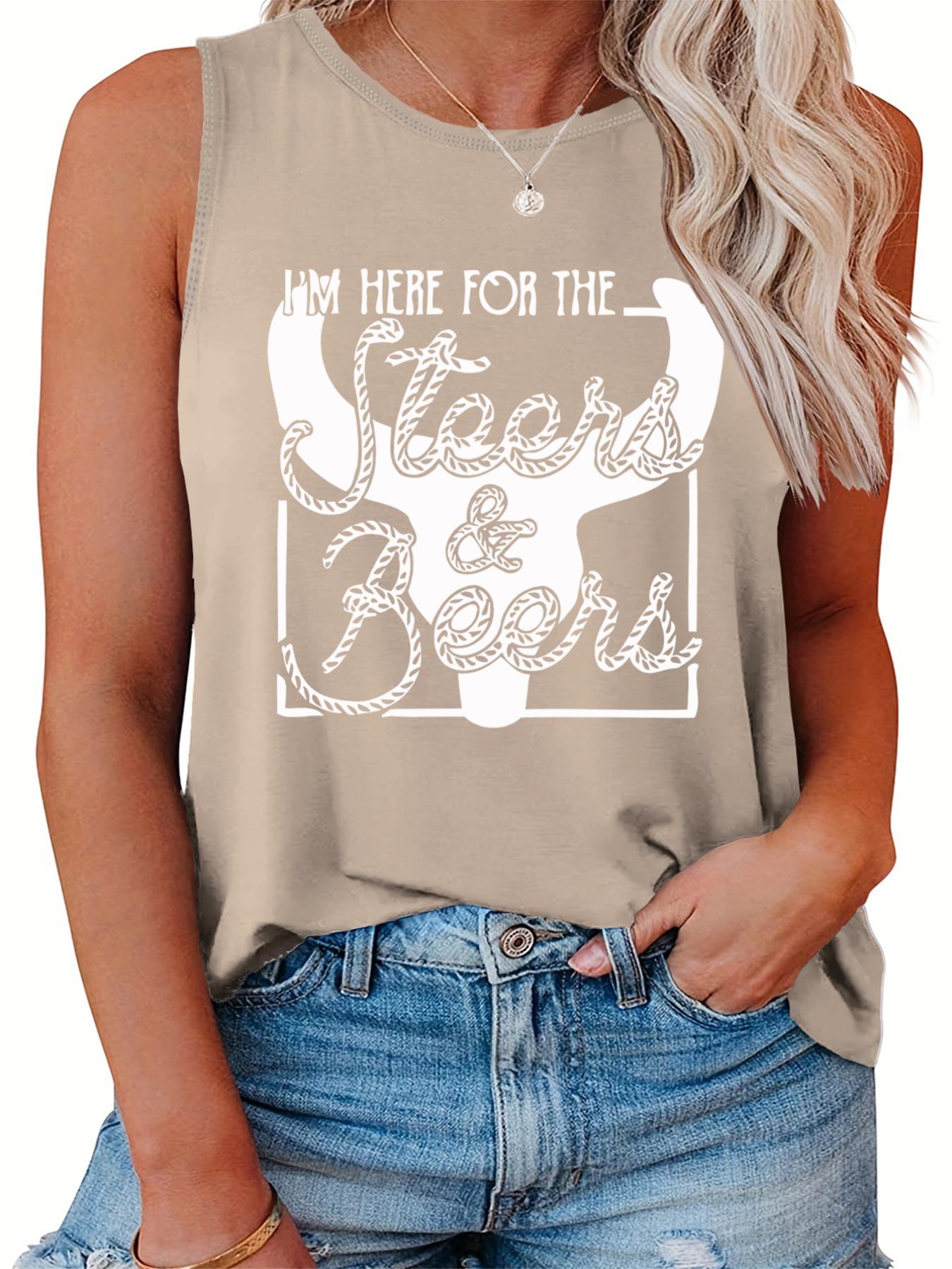  Women's Bull & Art Print Tank Top Round Neck Casual Sleeveless