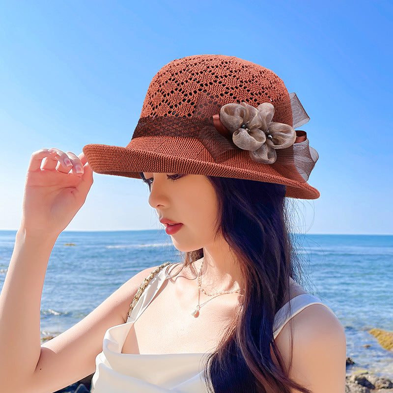 Knitted Bucket Hat Flower Decor Basin Hat Casual Travel Beach Hats