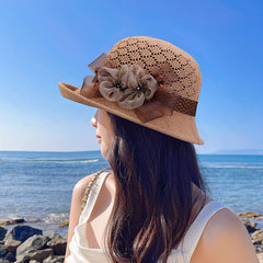 Knitted Bucket Hat Flower Decor Basin Hat Casual Travel Beach Hats