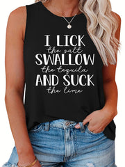  Women's Casual Tank Top Slogan Print Round Neck Stretch Top