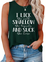  Women's Casual Tank Top Slogan Print Round Neck Stretch Top
