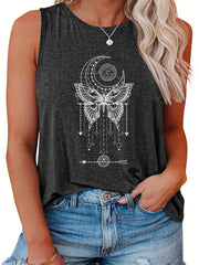  Butterfly & Moon Print Round Neck Tank Top