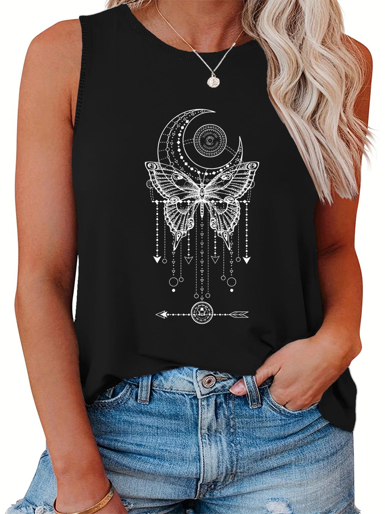  Butterfly & Moon Print Round Neck Tank Top