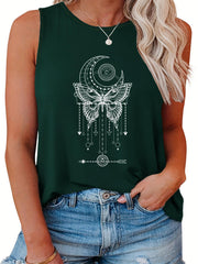  Butterfly & Moon Print Round Neck Tank Top
