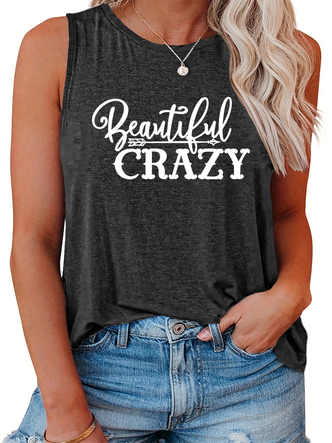  Casual Tank Top Women's Plus Slogan Print Round Neck Stretch Tank Top