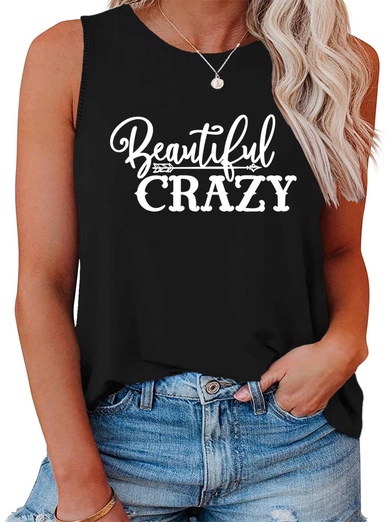  Casual Tank Top Women's Plus Slogan Print Round Neck Stretch Tank Top