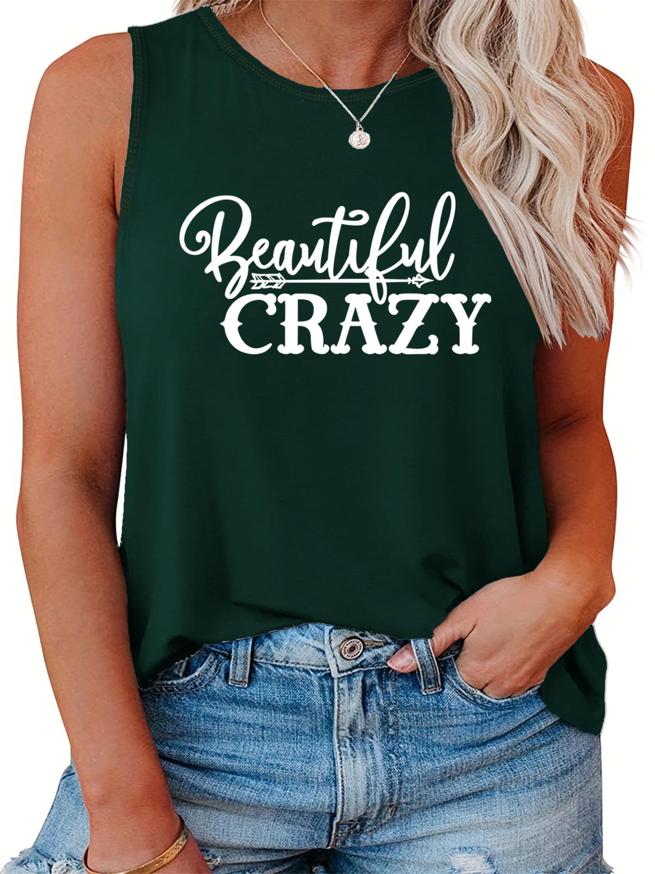  Casual Tank Top Women's Plus Slogan Print Round Neck Stretch Tank Top