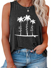 Coconut Tree Print Plus Size Tank Top Round Neck Stretch