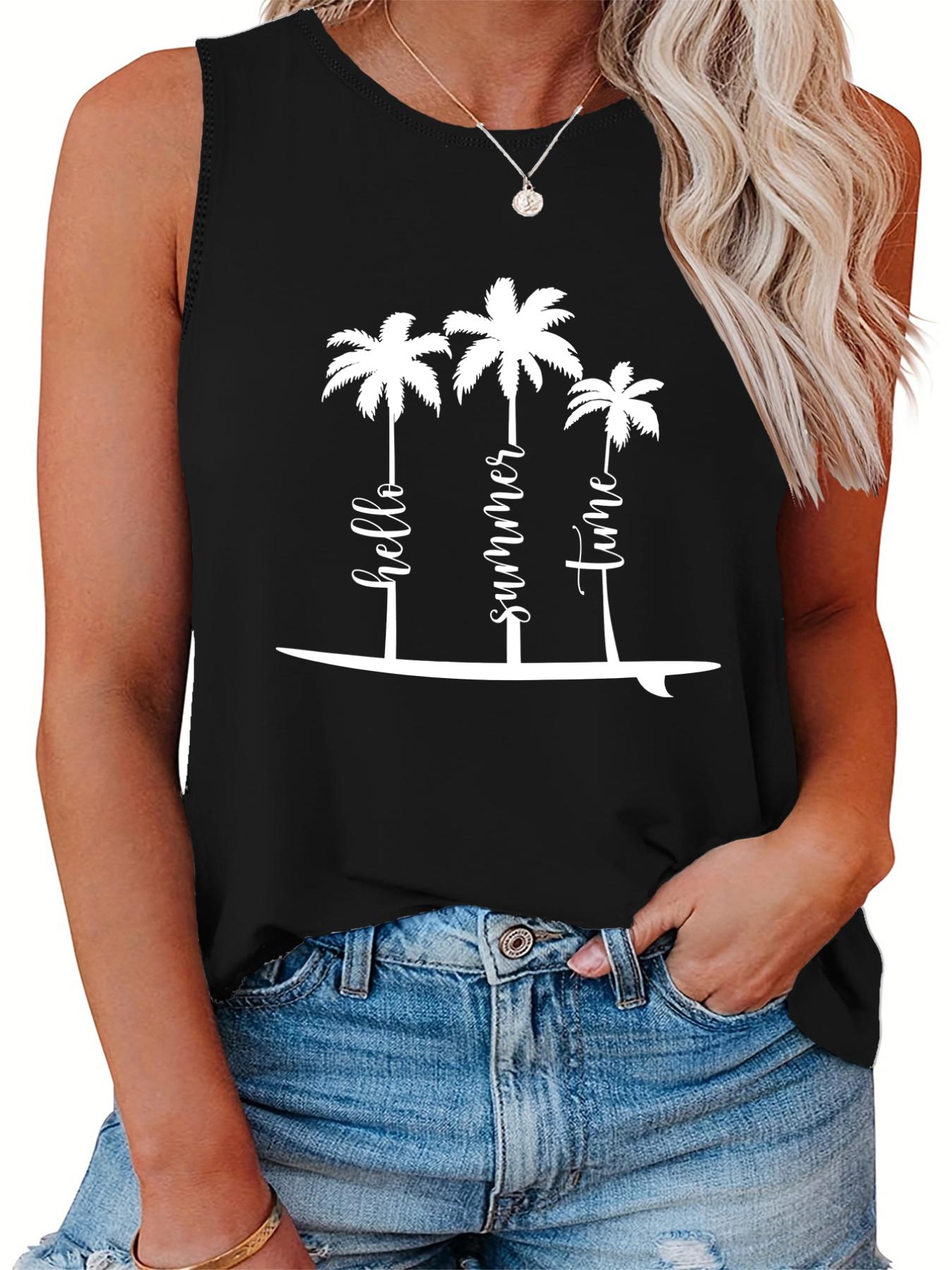 Coconut Tree Print Plus Size Tank Top Round Neck Stretch