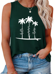 Coconut Tree Print Plus Size Tank Top Round Neck Stretch