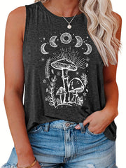  Mushroom & Moon Print Round Neck Tank Top