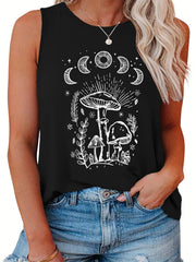  Mushroom & Moon Print Round Neck Tank Top
