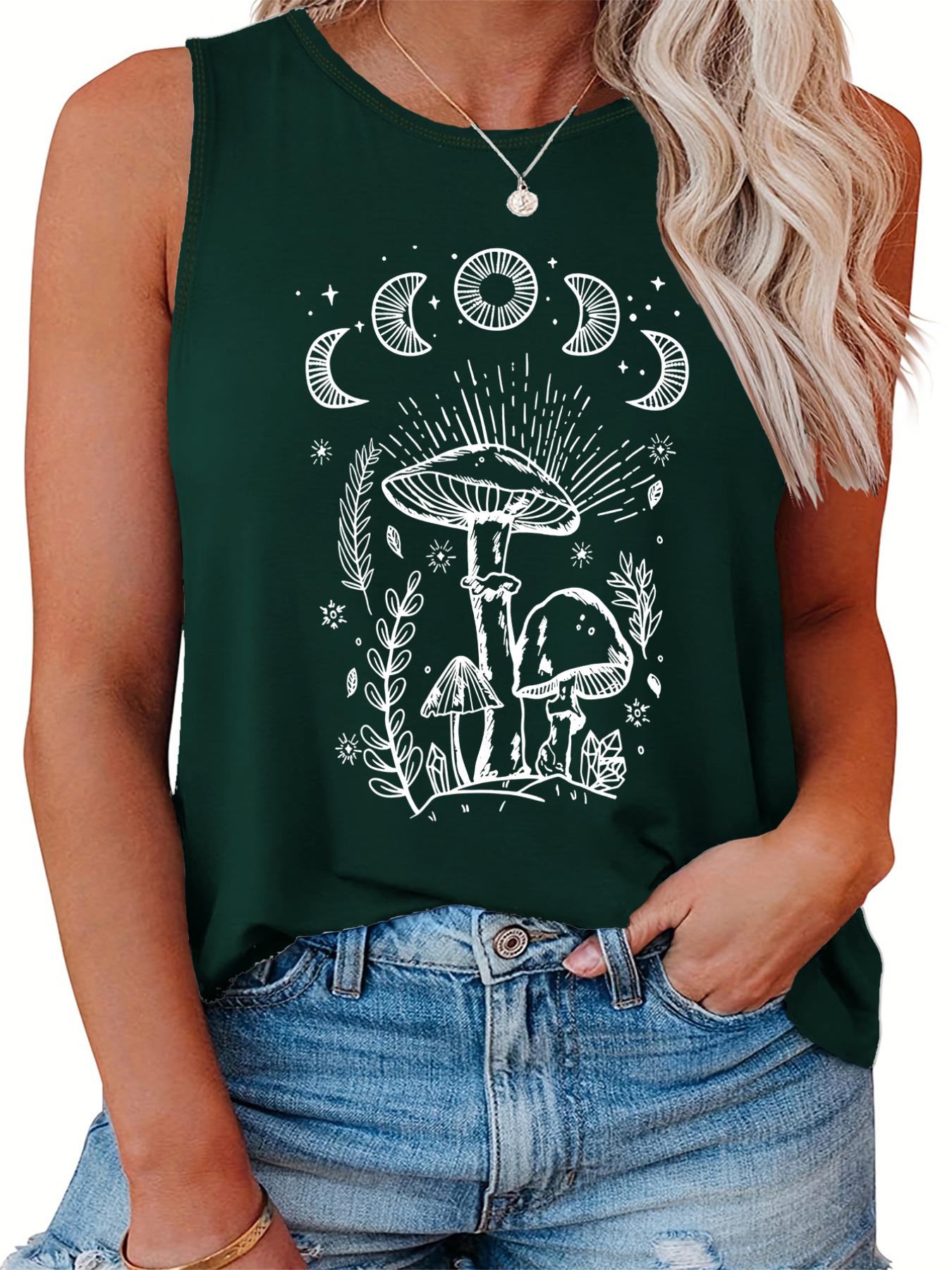  Mushroom & Moon Print Round Neck Tank Top