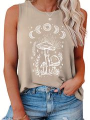  Mushroom & Moon Print Round Neck Tank Top