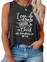  Casual Tank Top Women's Plus Slogan Print Round Neck Tank Top