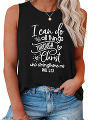  Casual Tank Top Women's Plus Slogan Print Round Neck Tank Top