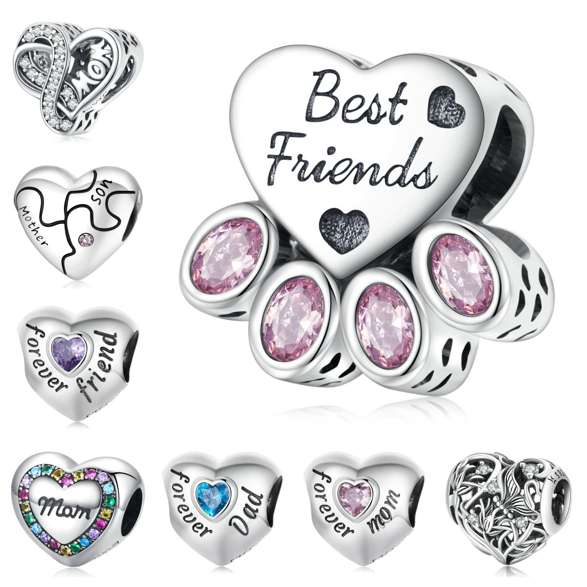 S925 Sterling Silver Heart Crystal Beads for DIY Jewelry