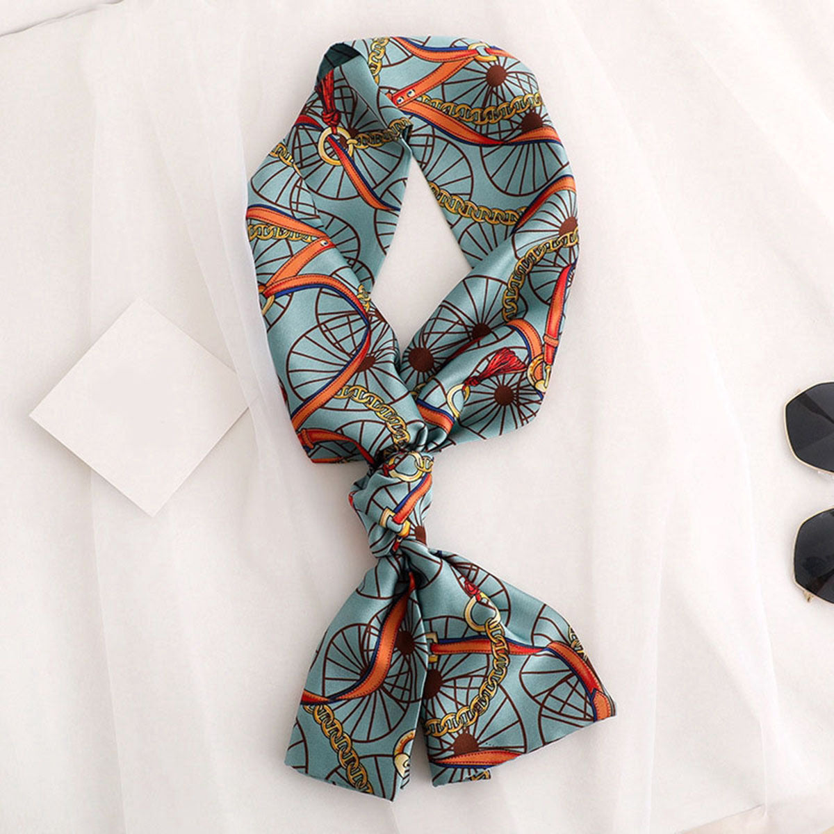 Vintage Chain Print Skinny Scarf Satin Neckerchief Silk Twilly Scarf