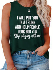  Casual Tank Top Women's Plus Slogan Print Round Neck