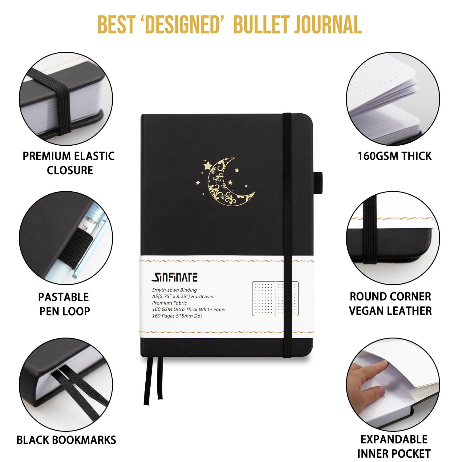 Dotted Journal Bullet Notebook Vegan Leather 160Gsm Thick Paper, Inner Pocket