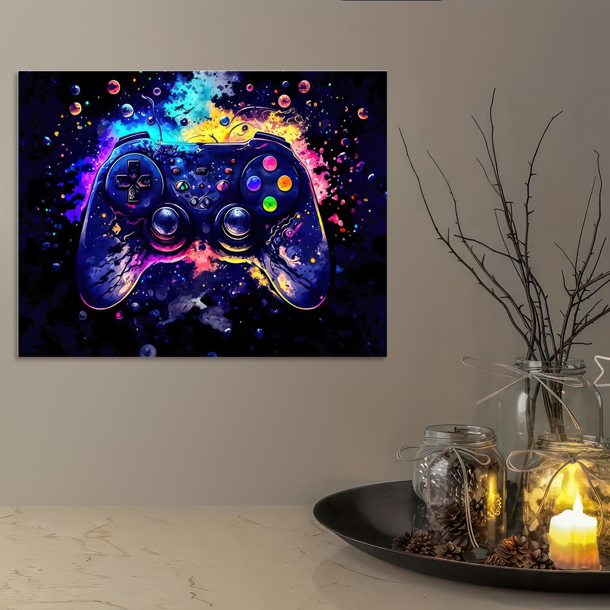 Neon Light Game Controller Canvas Wall Art
