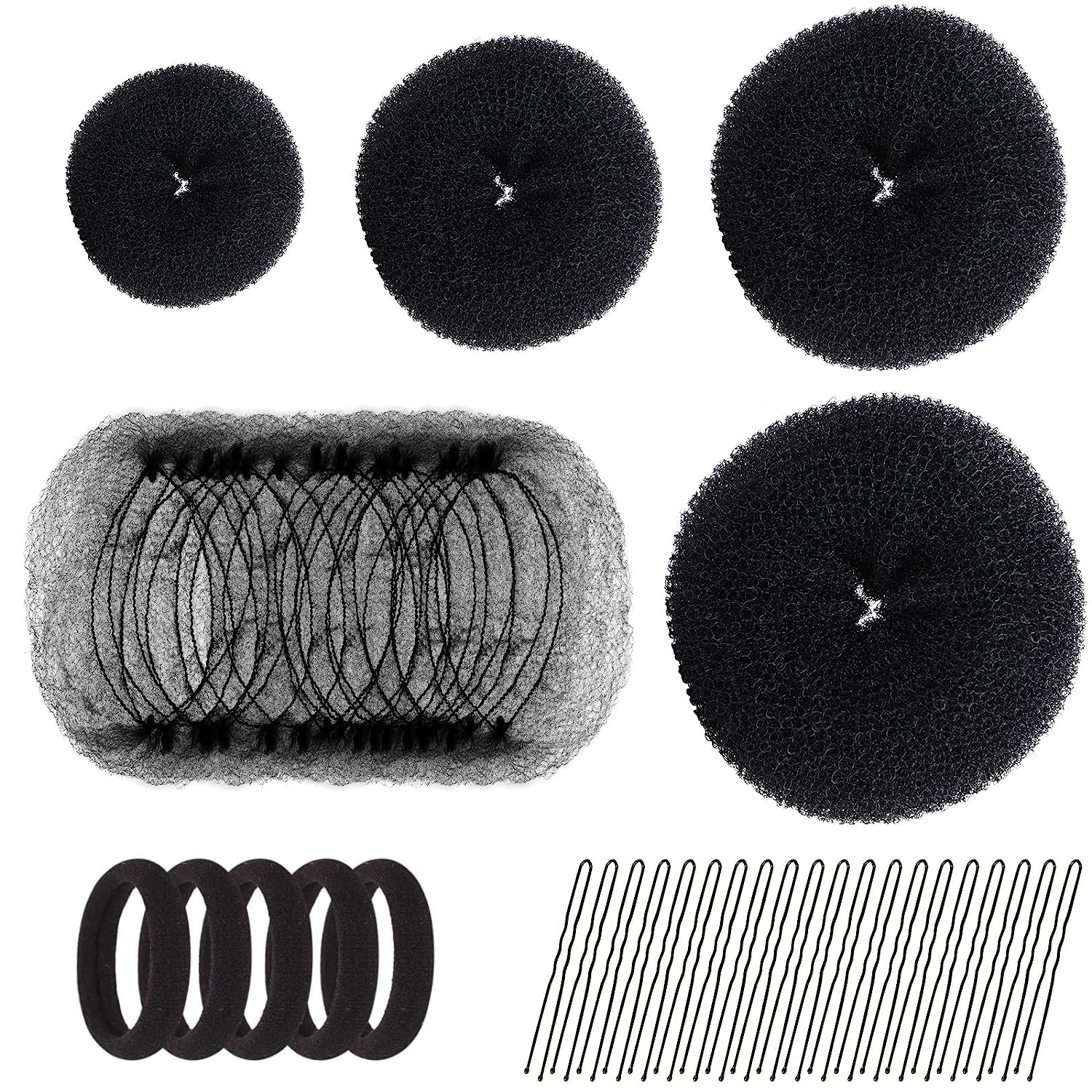 Hair Bun Shaper Set with 20 Hair Nets, 4 Donut Bun Makers, 5 Elastic Bands