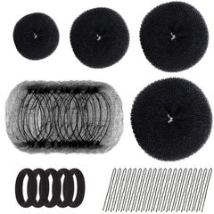 Hair Bun Shaper Set with 20 Hair Nets, 4 Donut Bun Makers, 5 Elastic Bands