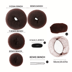 Hair Bun Shaper Set with 20 Hair Nets, 4 Donut Bun Makers, 5 Elastic Bands