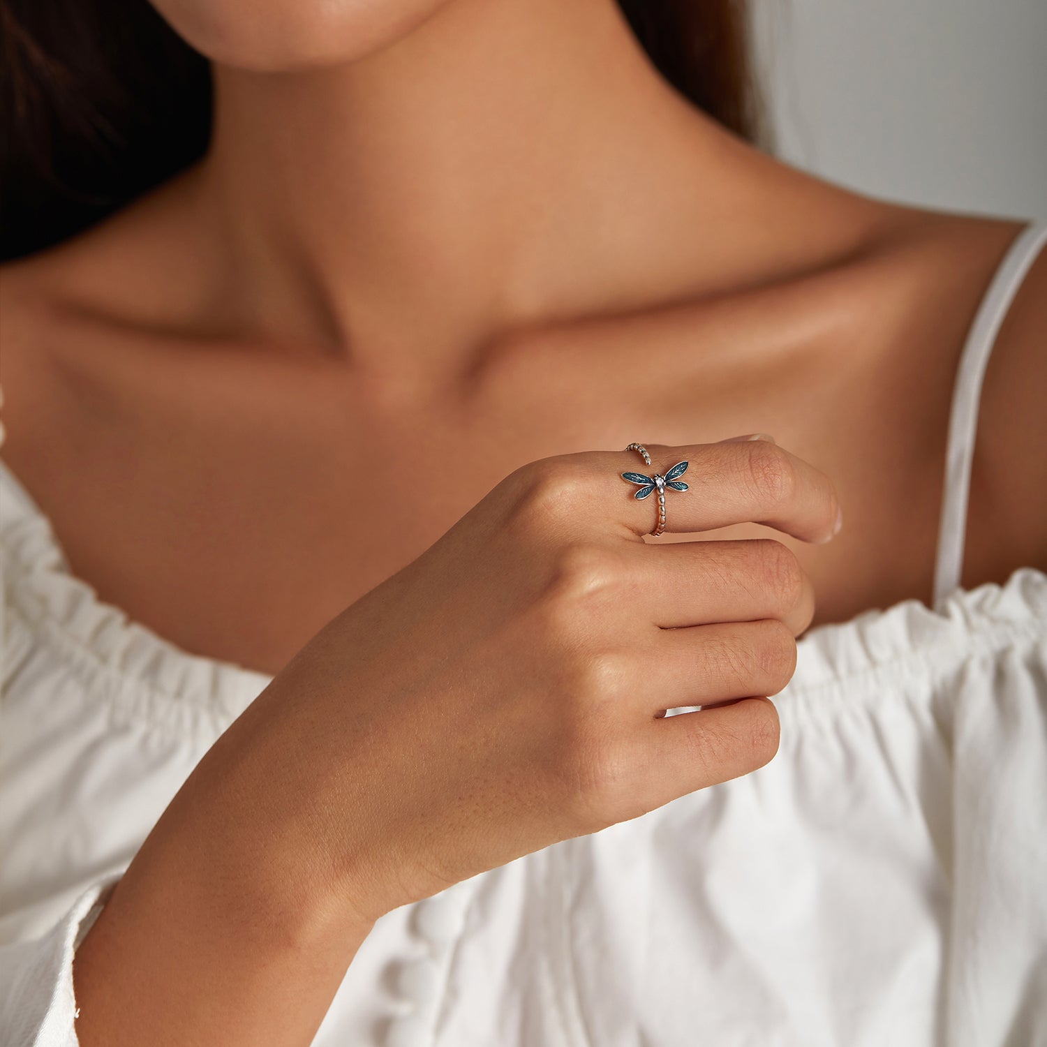 925 Silver Dragonfly Zircon Ring Adjustable Cuff Jewelry