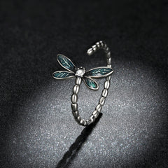 925 Silver Dragonfly Zircon Ring Adjustable Cuff Jewelry