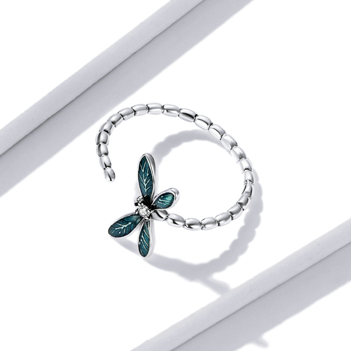 925 Silver Dragonfly Zircon Ring Adjustable Cuff Jewelry
