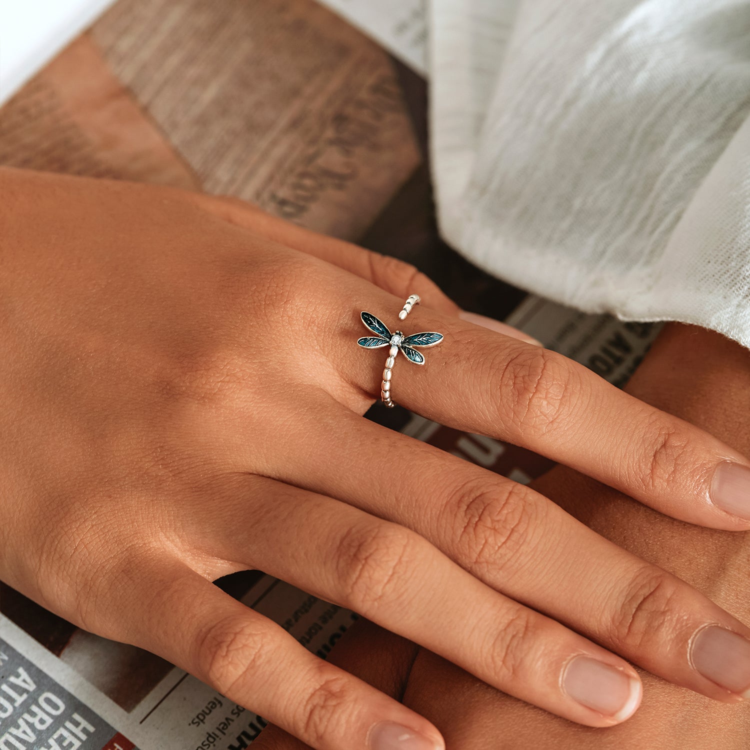 925 Silver Dragonfly Zircon Ring Adjustable Cuff Jewelry