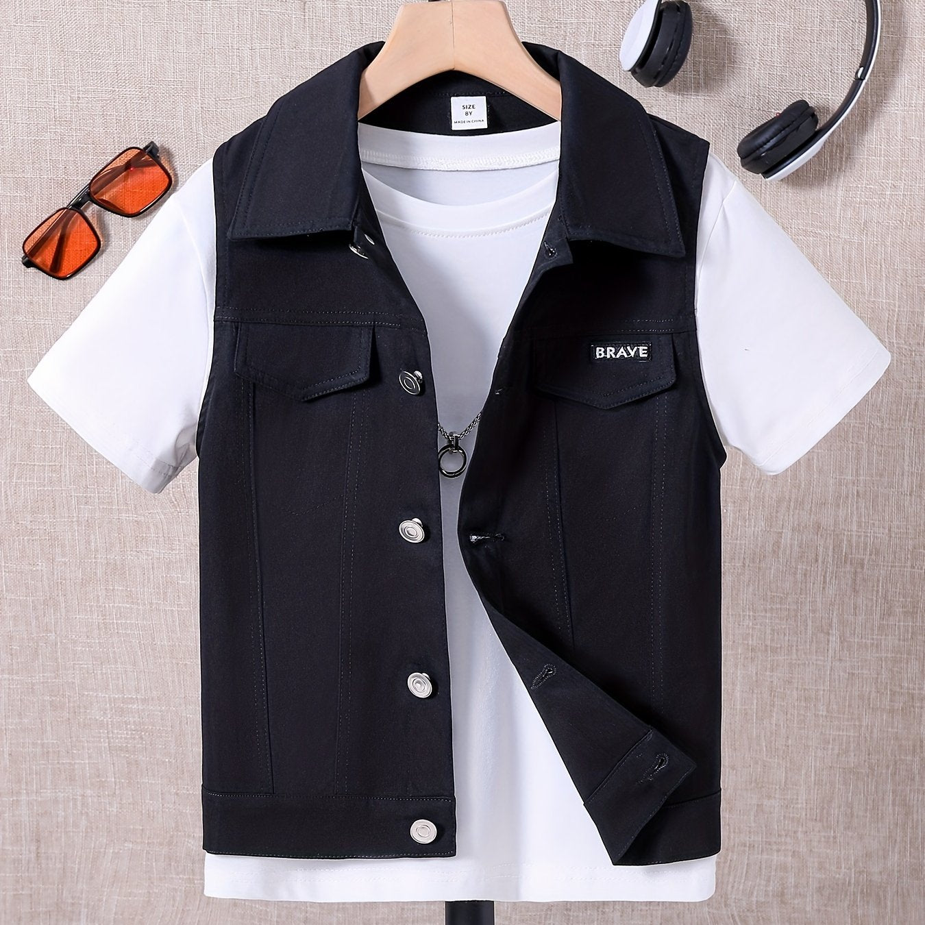 Boys Cargo Style BRAVE Embroidered Sleeveless Fitness Vest