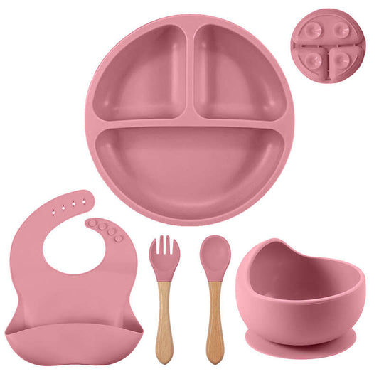 5 Piece Baby Tableware Set Silicone Bowls Wooden Fork & Spoon and Bib