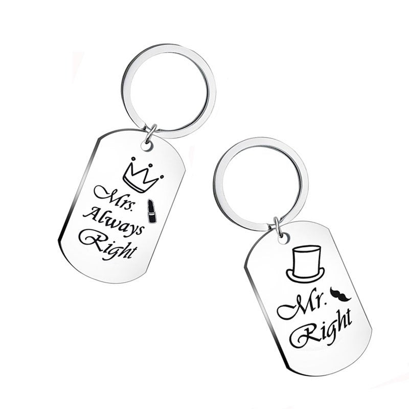 Engraved Couple Stainless Steel Keychain Pendant Mr Mrs Right Key Ring