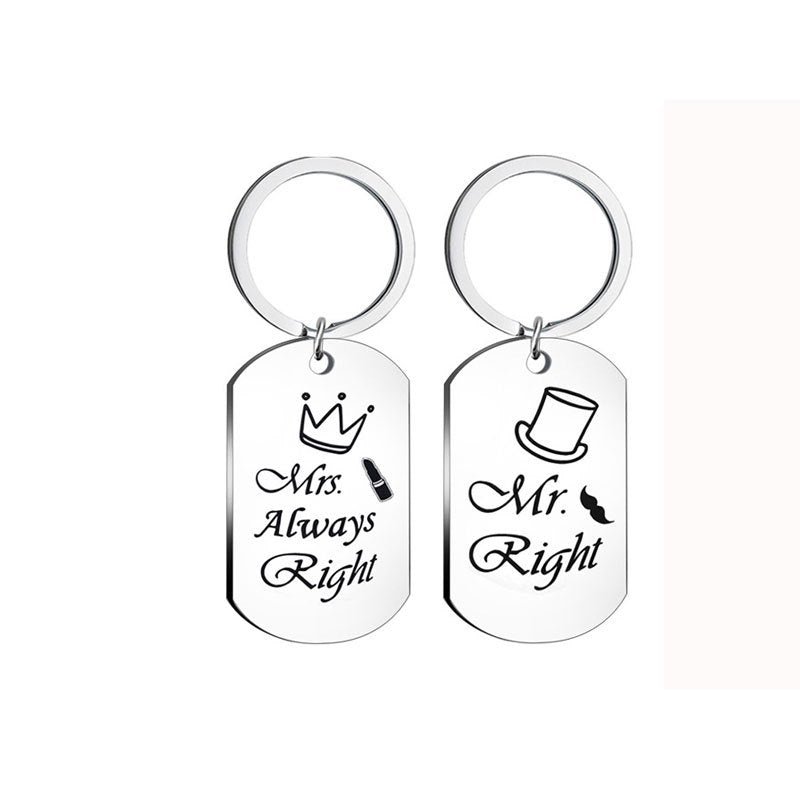 Engraved Couple Stainless Steel Keychain Pendant Mr Mrs Right Key Ring