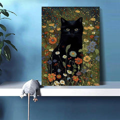 Cat In Garden Flowers Canvas Painting Cat Art Gift For Her Home Decor