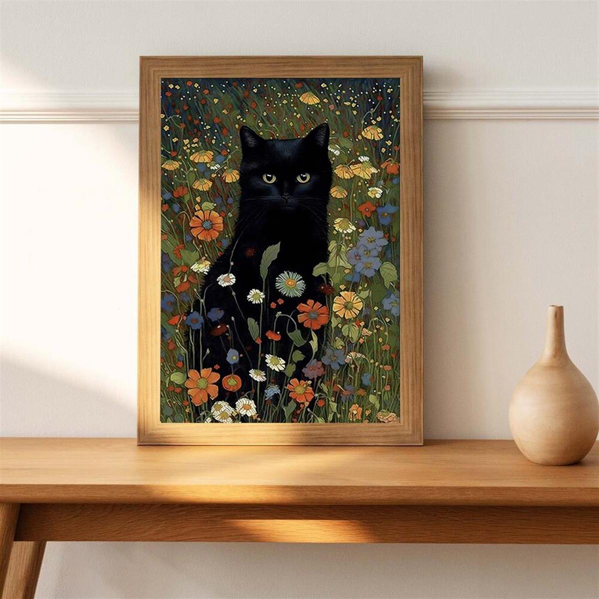 Cat In Garden Flowers Canvas Painting Cat Art Gift For Her Home Decor