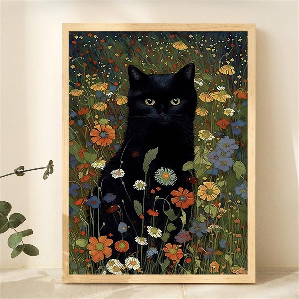 Cat In Garden Flowers Canvas Painting Cat Art Gift For Her Home Decor
